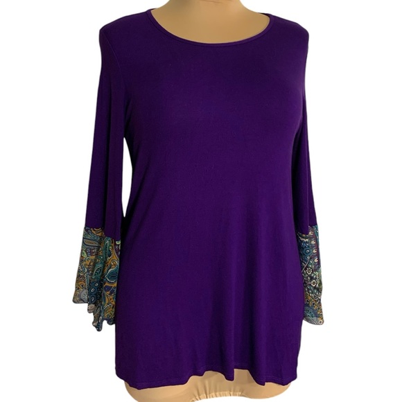 Elliott & Vine lovely purple blouse, sheer print bell sleeves, sz L, worn once - Picture 1 of 8